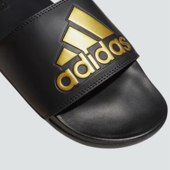 Adidas Adilette Comfort Black Gold Metallic Men Unisex Sandals Slippers - Picture 2 of 2